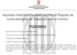 Generalitat de Cataluña con el número de Núcleo Zoológico P2025002